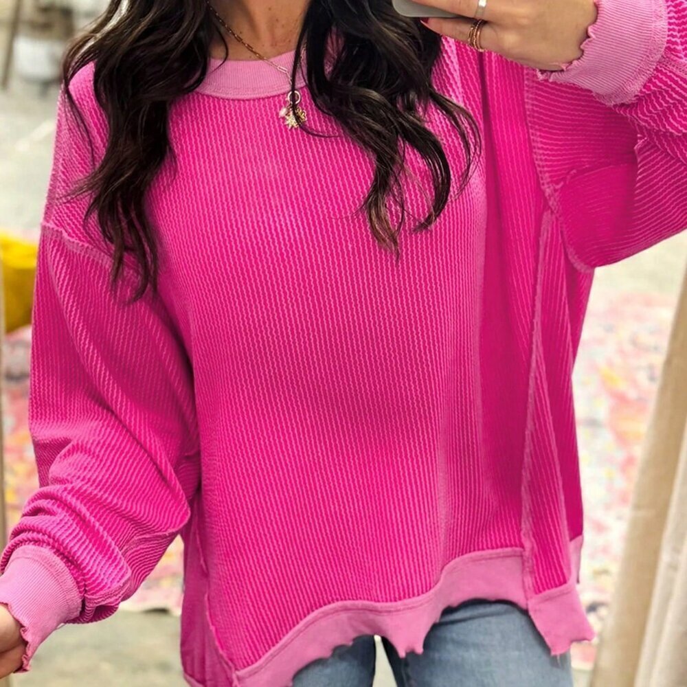 Hot Pink Women's Casual Textured Striped Long Sleeve Crew Neck T-Shirt